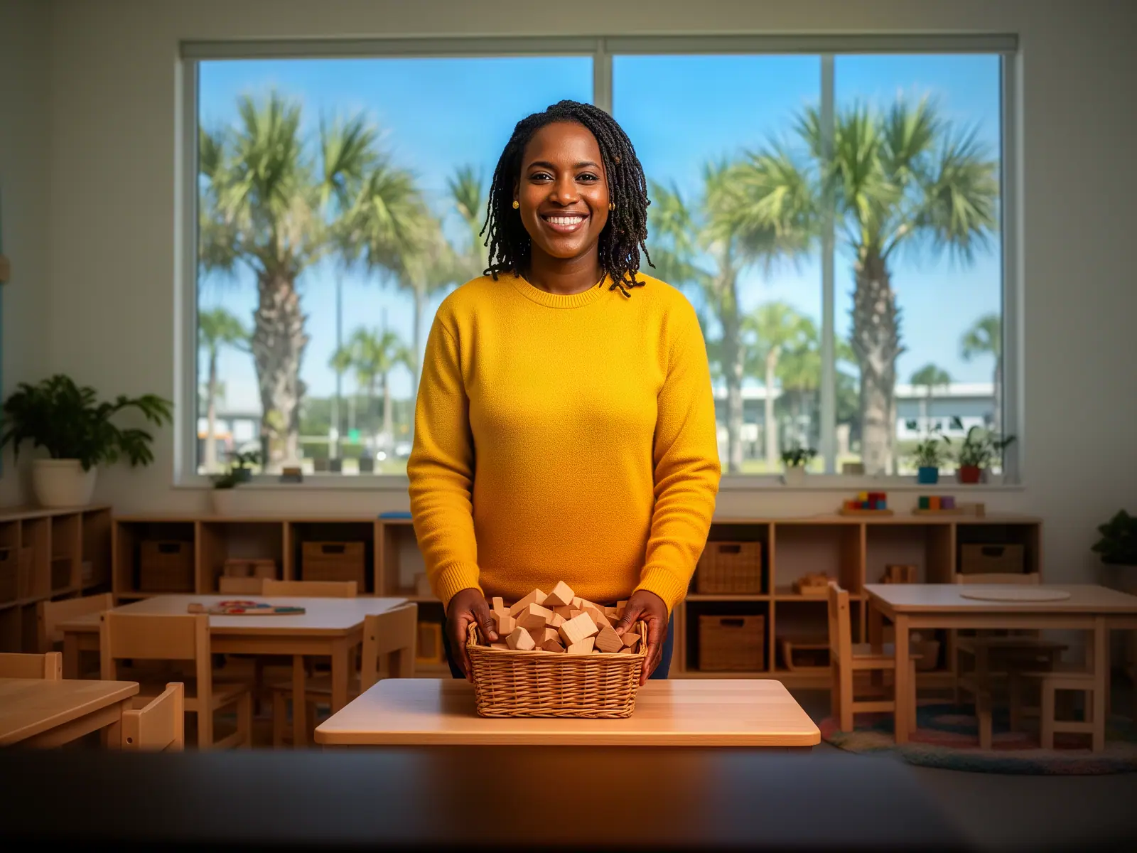 A smiling child-care owner setting a basket of wooden blocks on a low table in a bright classroom.
